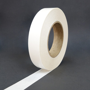 Single roll of double sided tape slightly unwound to show adhesive on white liner