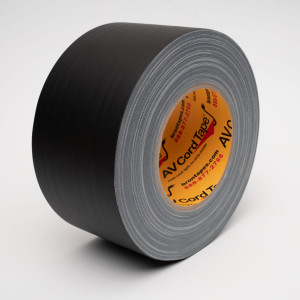 Roll of 72mm black Bron AV Cord Tape displayed on white background