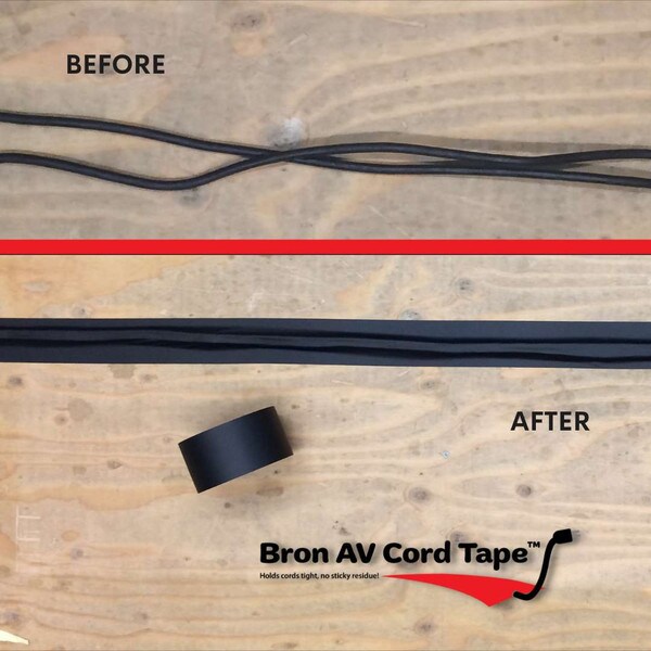 Before and after of Bron AV Cord Tape tidying up audio visual cords